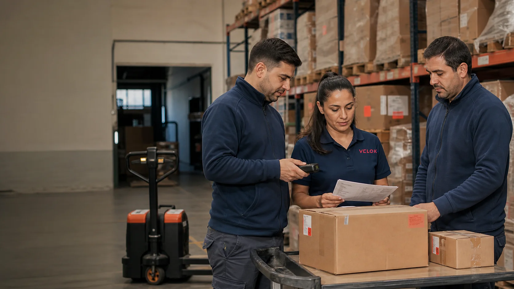 Equipo VELOK controlando mercadería almacenada en depósito