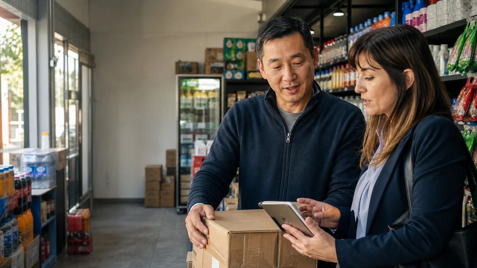 Comerciante y representante comercial trabajando en un autoservicio de barrio